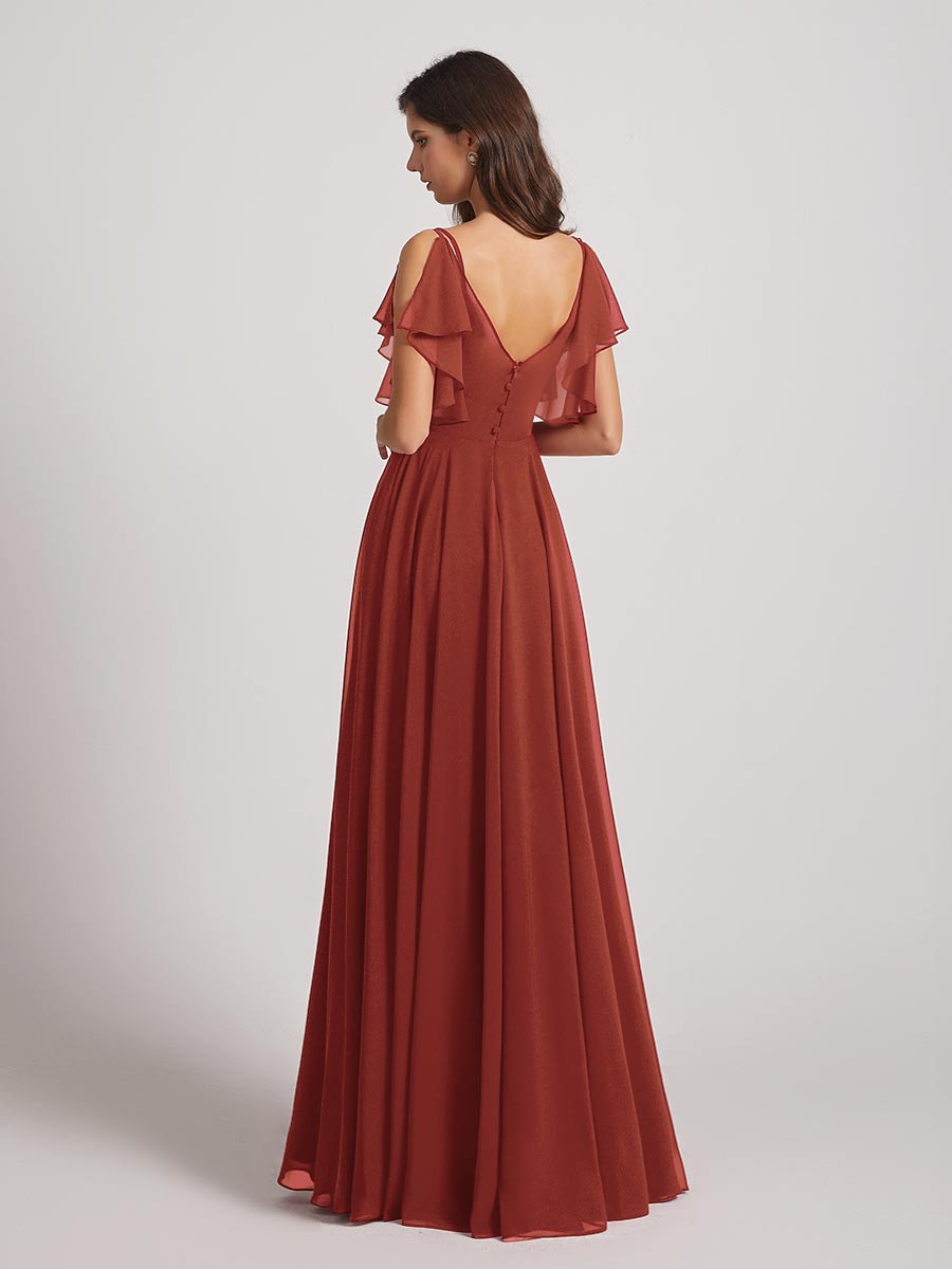 Open Flutter Sleeve Pleated Bodice A Line Bridesmaid Dresses