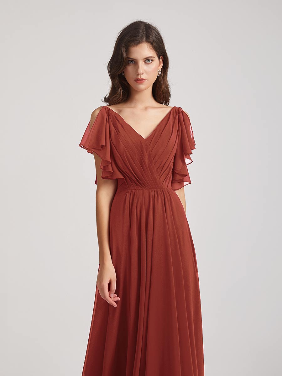 Open Flutter Sleeve Pleated Bodice A Line Bridesmaid Dresses