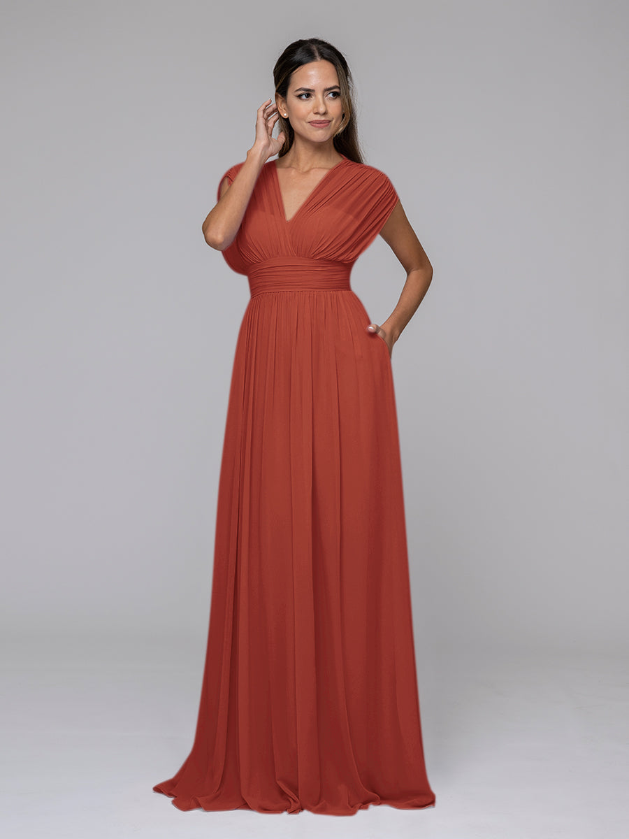 Chiffon V Neck Cap Sleeve Floor Length Bridesmaid Dresses