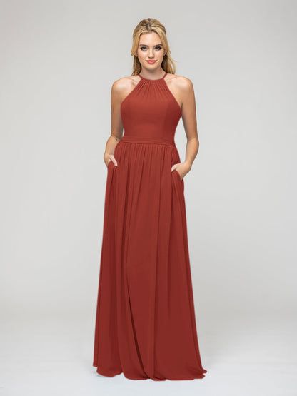 Pleats Bodice Chiffon Halter A Line Bridesmaid Dresses