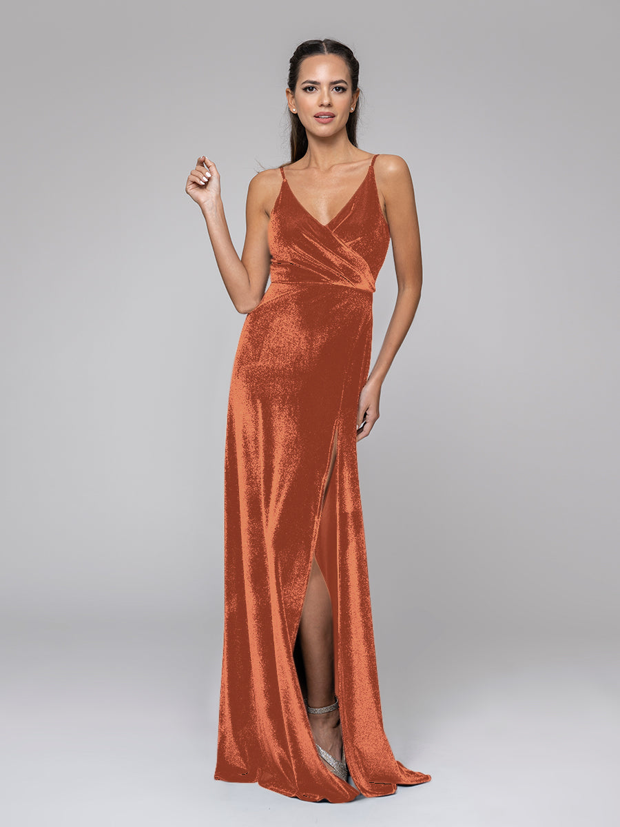 V Neck Velvet Sheath Bridal Party Dresses With Slit