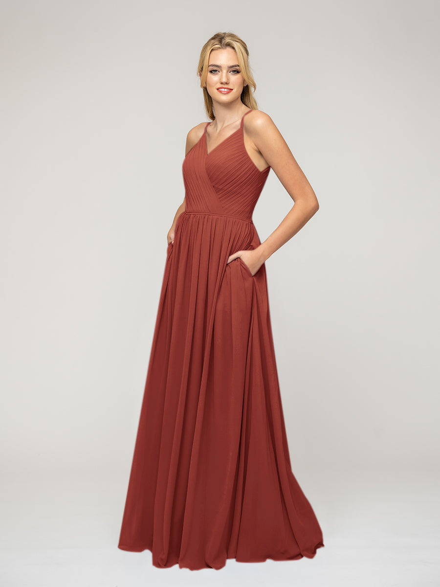 A Line Keyhole Back Chiffon Spaghetti Straps Bridesmaid Dresses