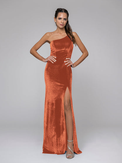 One Shoulder Velvet Mermaid Bridesmaid Dresses With Leg Slit