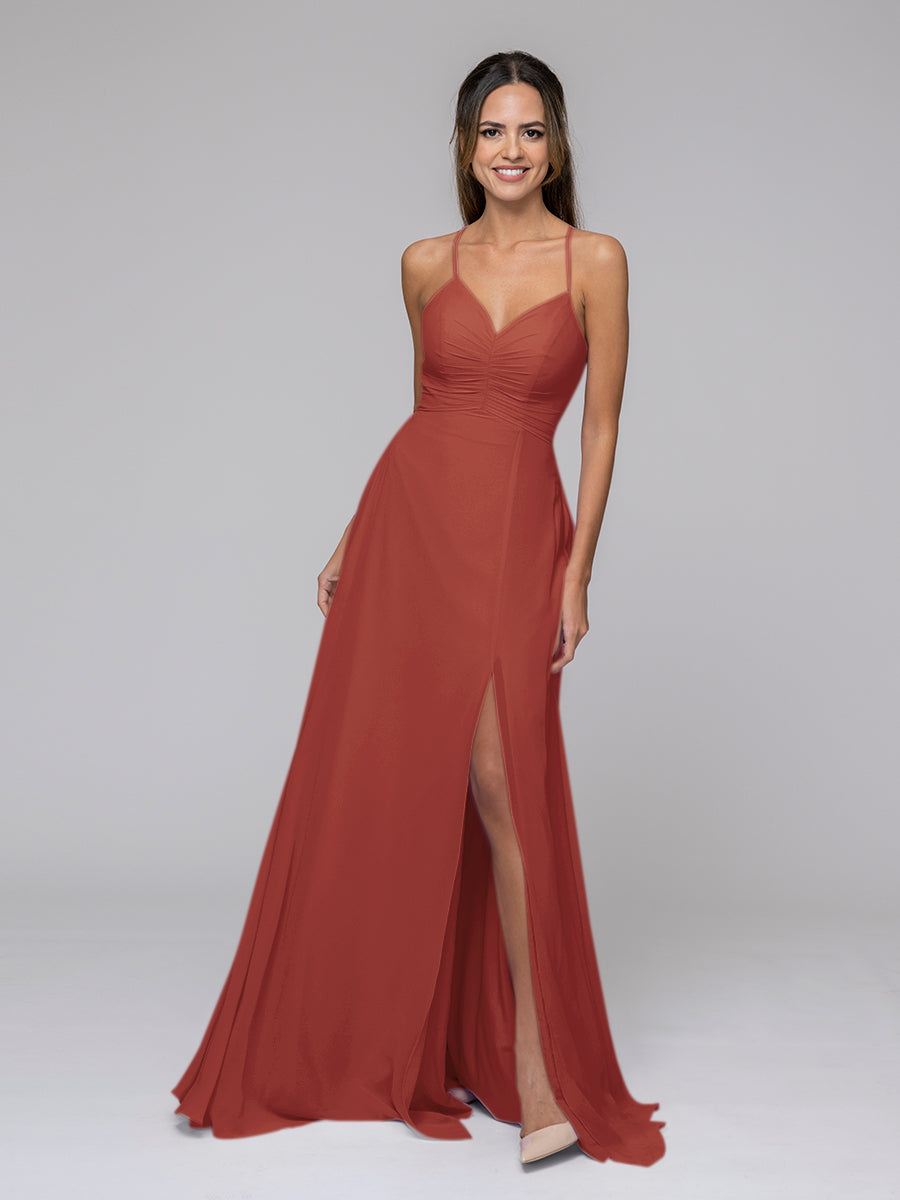 Split Sweetheart Chiffon Long Bridesmaid Dresses With Crisscross Back