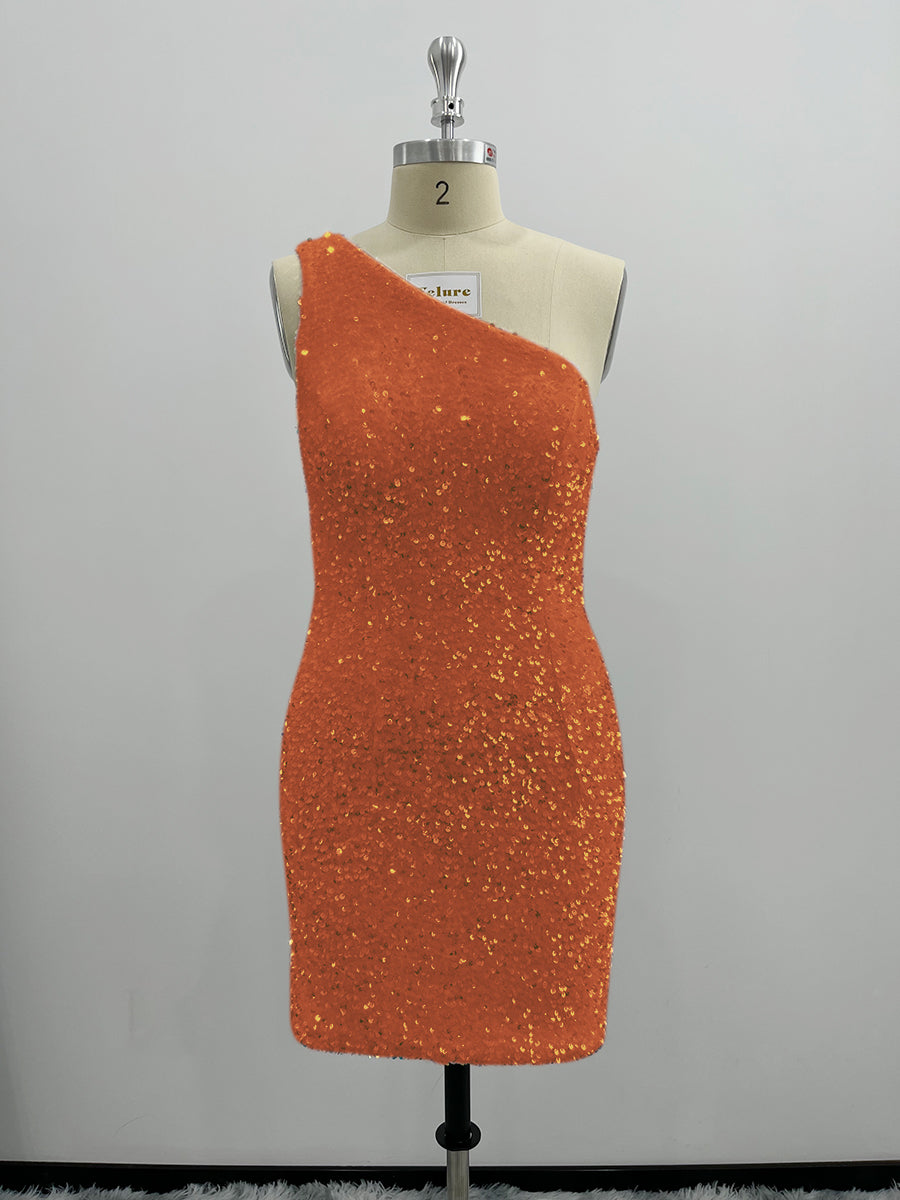 Shiny One Shoulder Velvet Sequin Sheath Homecoming Dresses