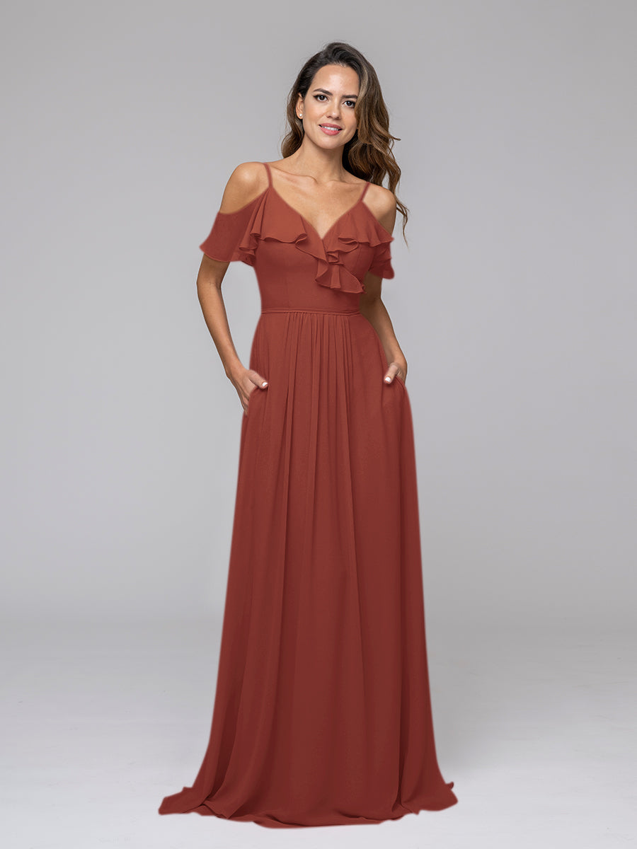 Cold Shoulder Open Back Chiffon Ruffles Long Bridesmaid Dresses