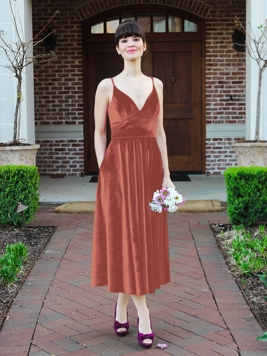 Glamorous A Line Tea Length Velvet Bridesmaid Dresses