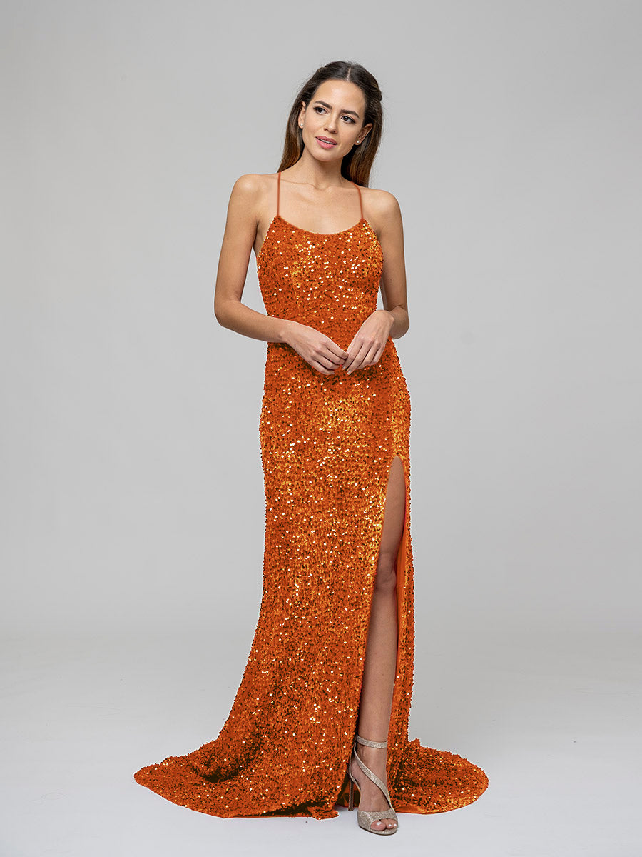 Sequin Side Split Scoop Neckline Fitted Long Prom Gown