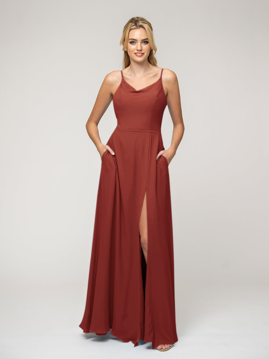 Cowl Neckline Chiffon Spaghetti Straps Bridesmaid Dresses