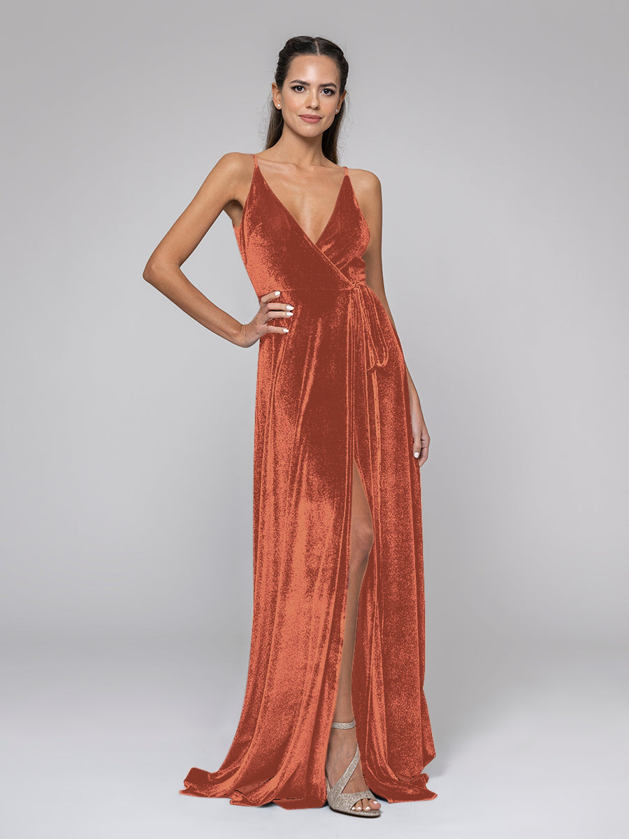 Plunging V Neckline Front Slit Velvet Long Bridesmaid Dresses