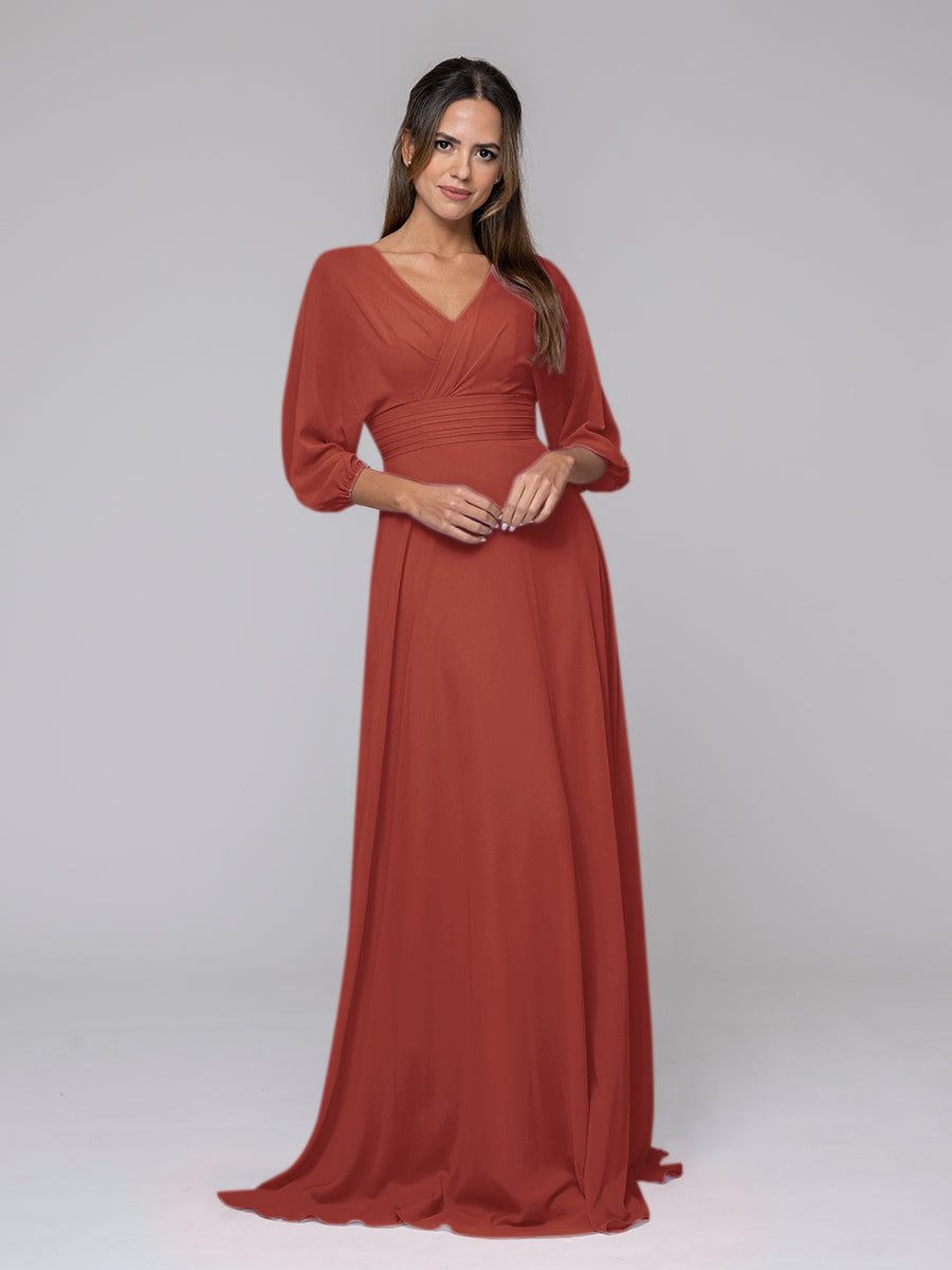 3/4 Lantern Sleeve V Neck Chiffon A Line Bridesmaid Dresses