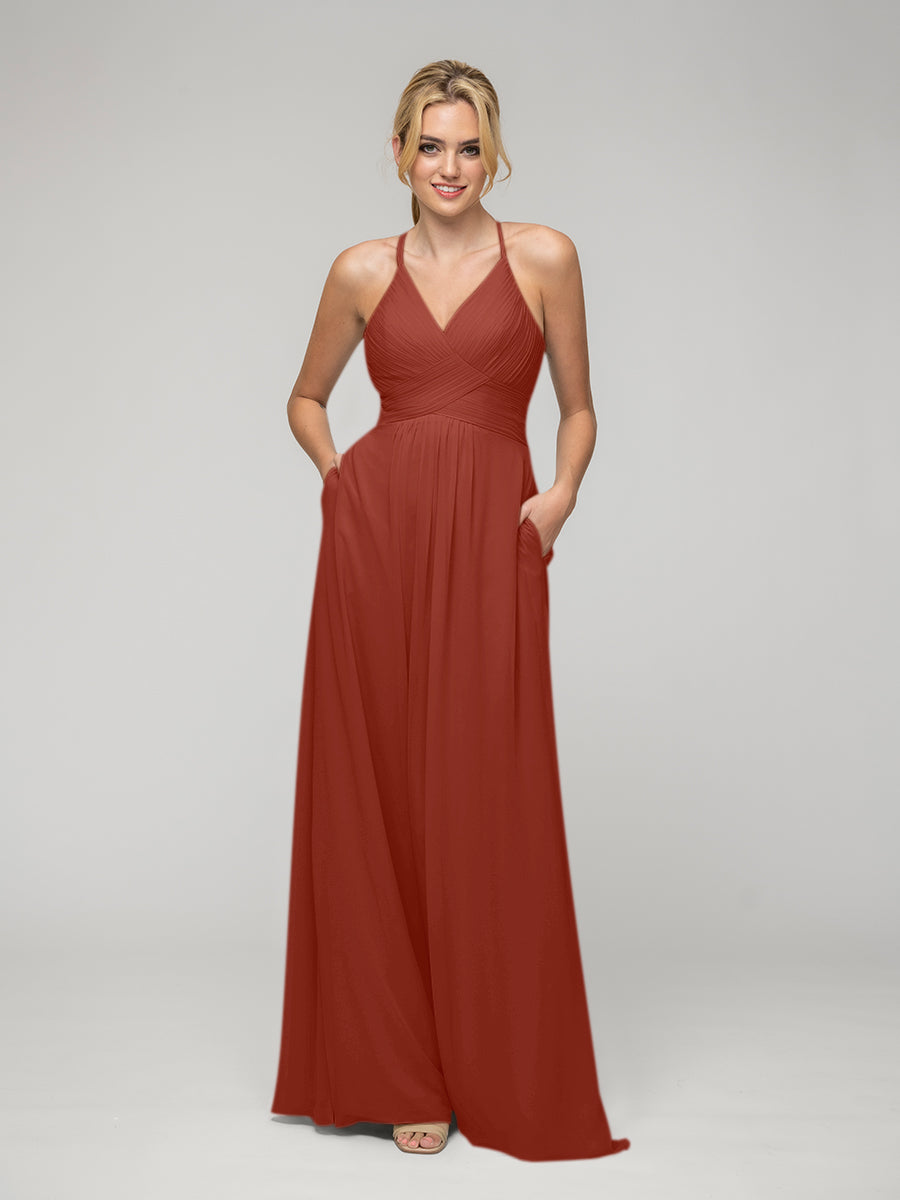 Chiffon Sweetheart Pocket Bridesmaid Dresses With Crisscross Back