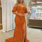 Sheath Off the Shoulder Short Sleeves Long Velvet Sequin Prom Dress