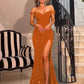 Sheath Off the Shoulder Short Sleeves Sweep Train Velvet Sequin Prom Dress
