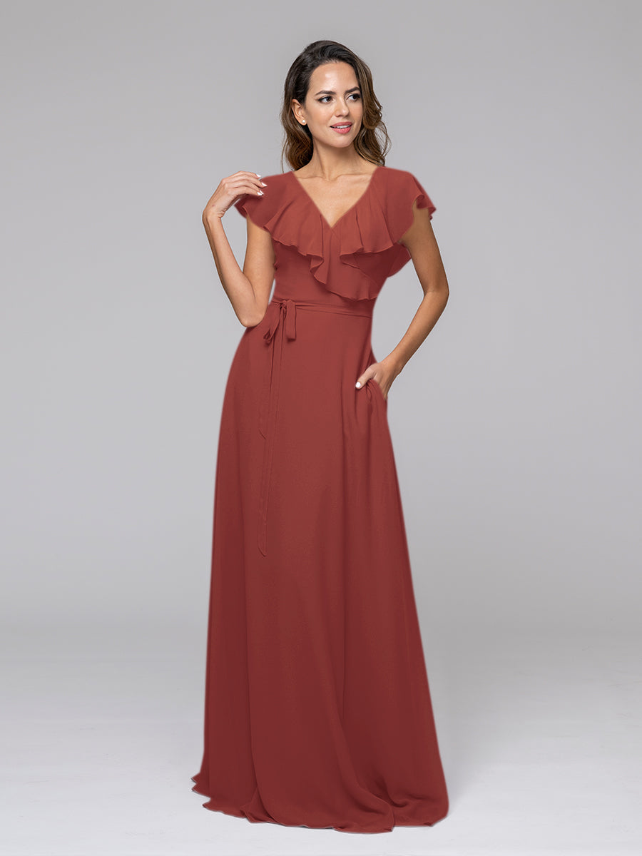 Ruffle Sleeve V Neck Belt Bridesmaid Dresses For Wedding