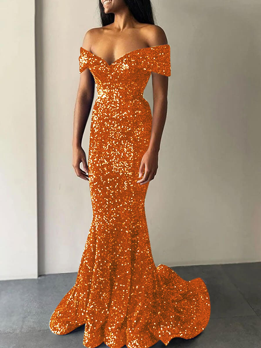 Mermaid Off the Shoulder Sleeveless Sweep Train Velvet Sequin Prom Dress