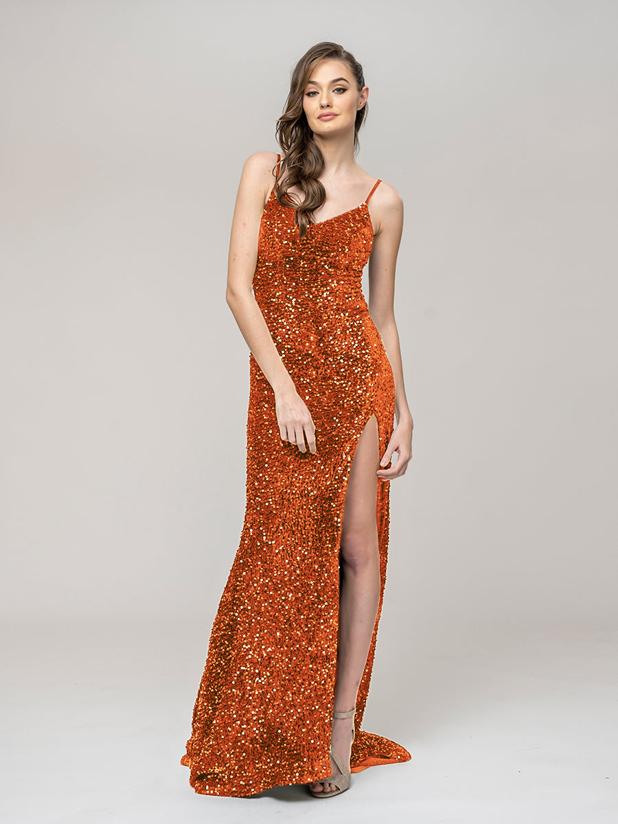 V Neck Sequin Fitted Prom Dress With Sweep Train