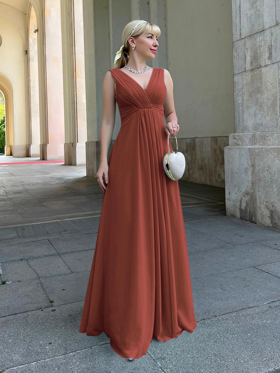 Straps Draped V-Neck Shirred Chiffon A Line Bridesmaid Dresses