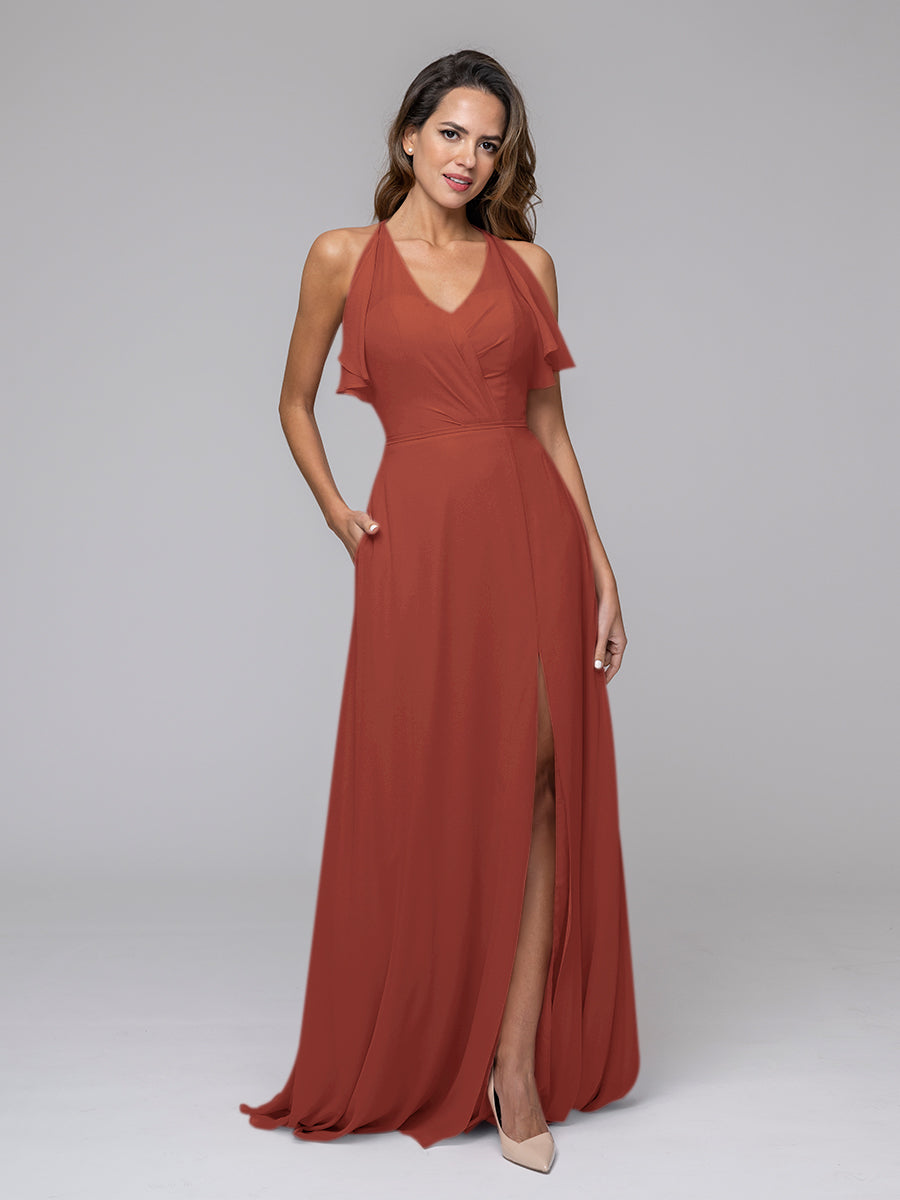 Ruffles V Neck Floor Length Chiffon Bridesmaid Dresses