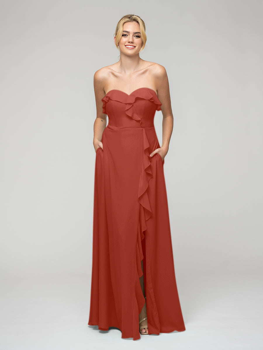 Ruffles Chiffon A Line Strapless Bridesmaid Dresses With Front Slit