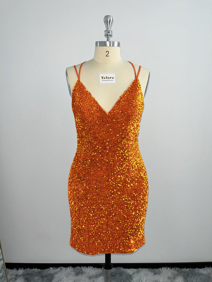 Velvet Sequin V Neck Tight Homecoming Dresses With Criss Corss Back