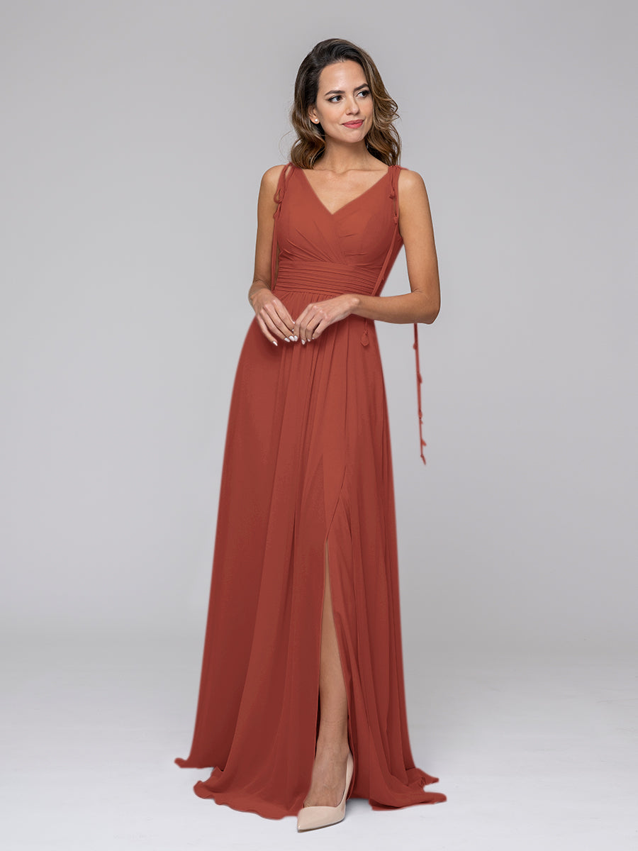 Tassel Straps V Neck Chiffon Bridesmaid Dresses With Slit Skirt