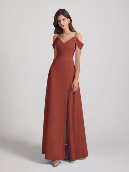 Chiffon Cold Shoulder V Neck Bridesmaid Dresses With Slit