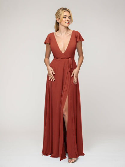 Ruffle Sleeve V Neck Slit Bridesmaid Dresses For Wedding