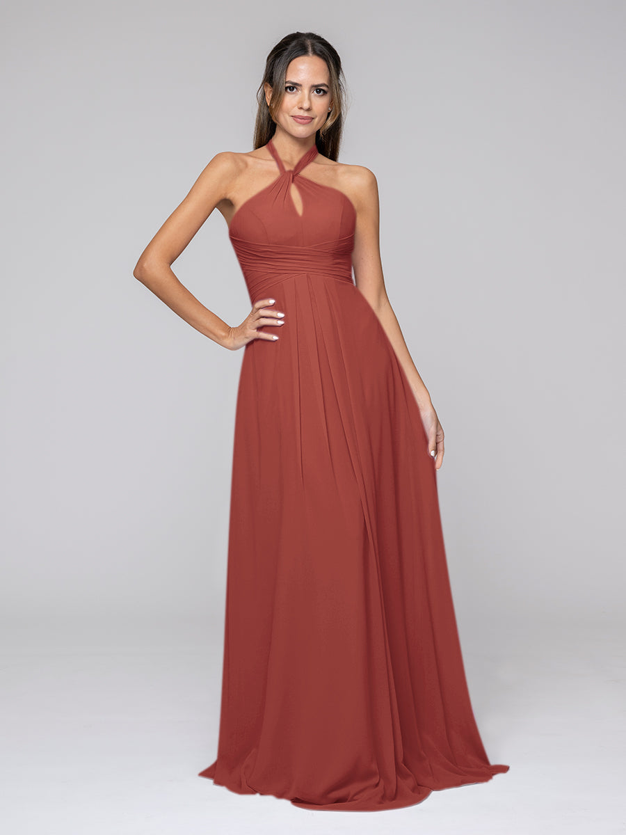 Tie-neck Halter Sleeveless Wedding Bridesmaid Dresses With Ruched Waist