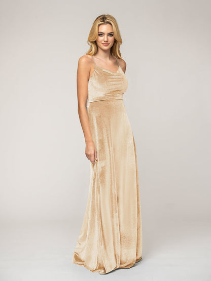 Cowl Neck Velvet Sheath Bridesmaid Dresses With Crisscross Back