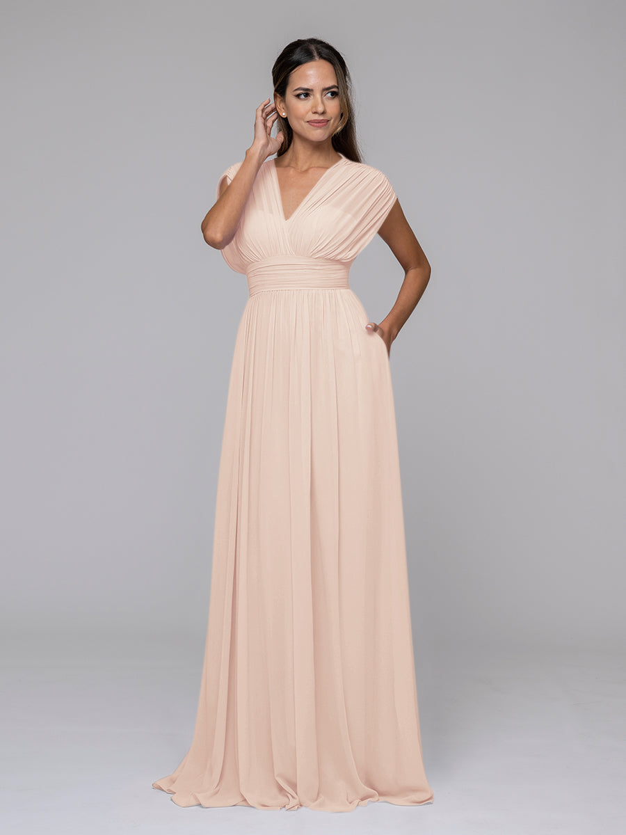 Chiffon V Neck Cap Sleeve Floor Length Bridesmaid Dresses