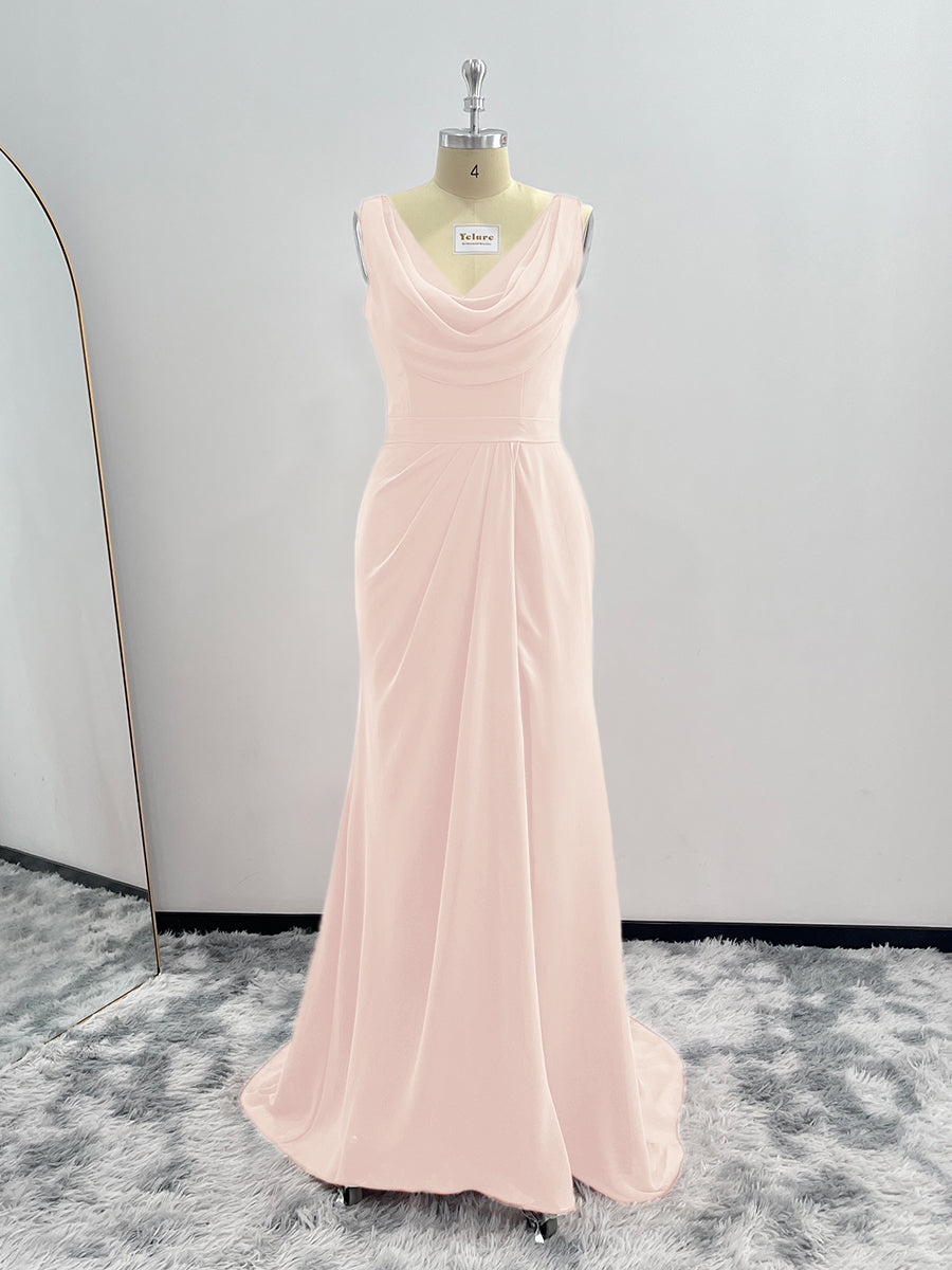 Sheath Cowl Neck Sleeveless Chiffon Bridesmaid Dresses With Slit and Ruffles