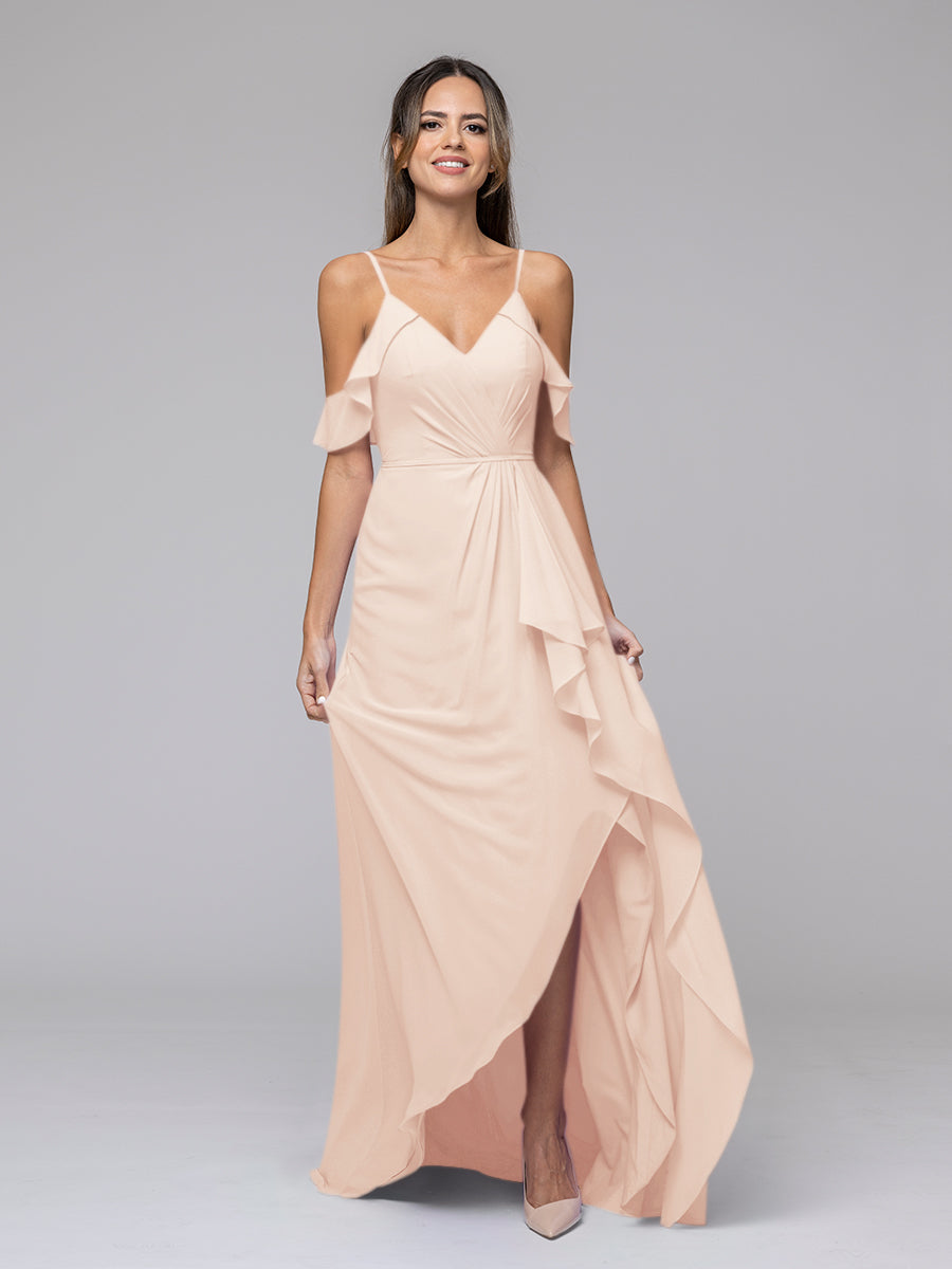 Cold Shoulder Chiffon Open Back High Low Bridesmaid Dresses