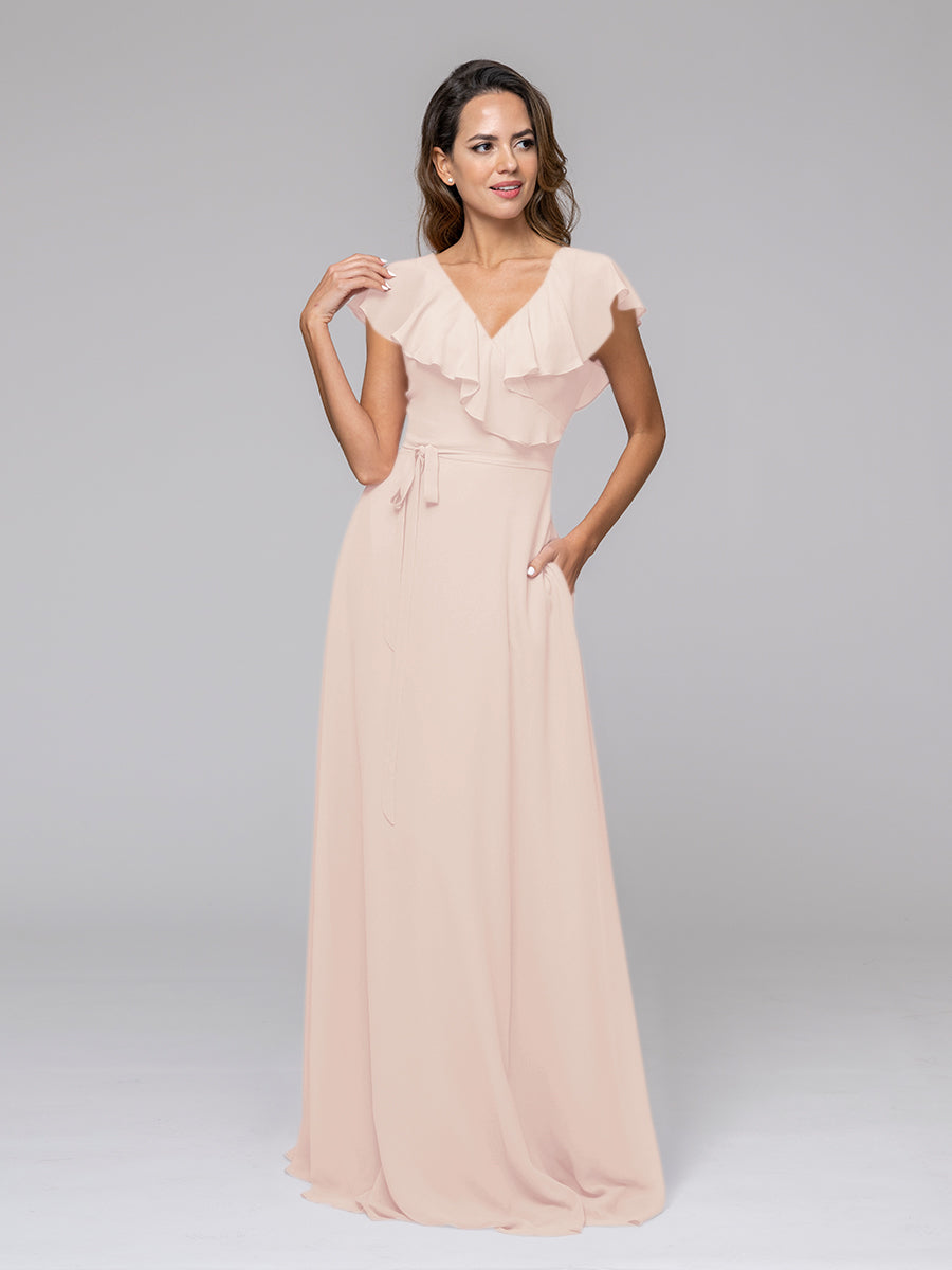 Ruffle Sleeve V Neck Belt Bridesmaid Dresses For Wedding