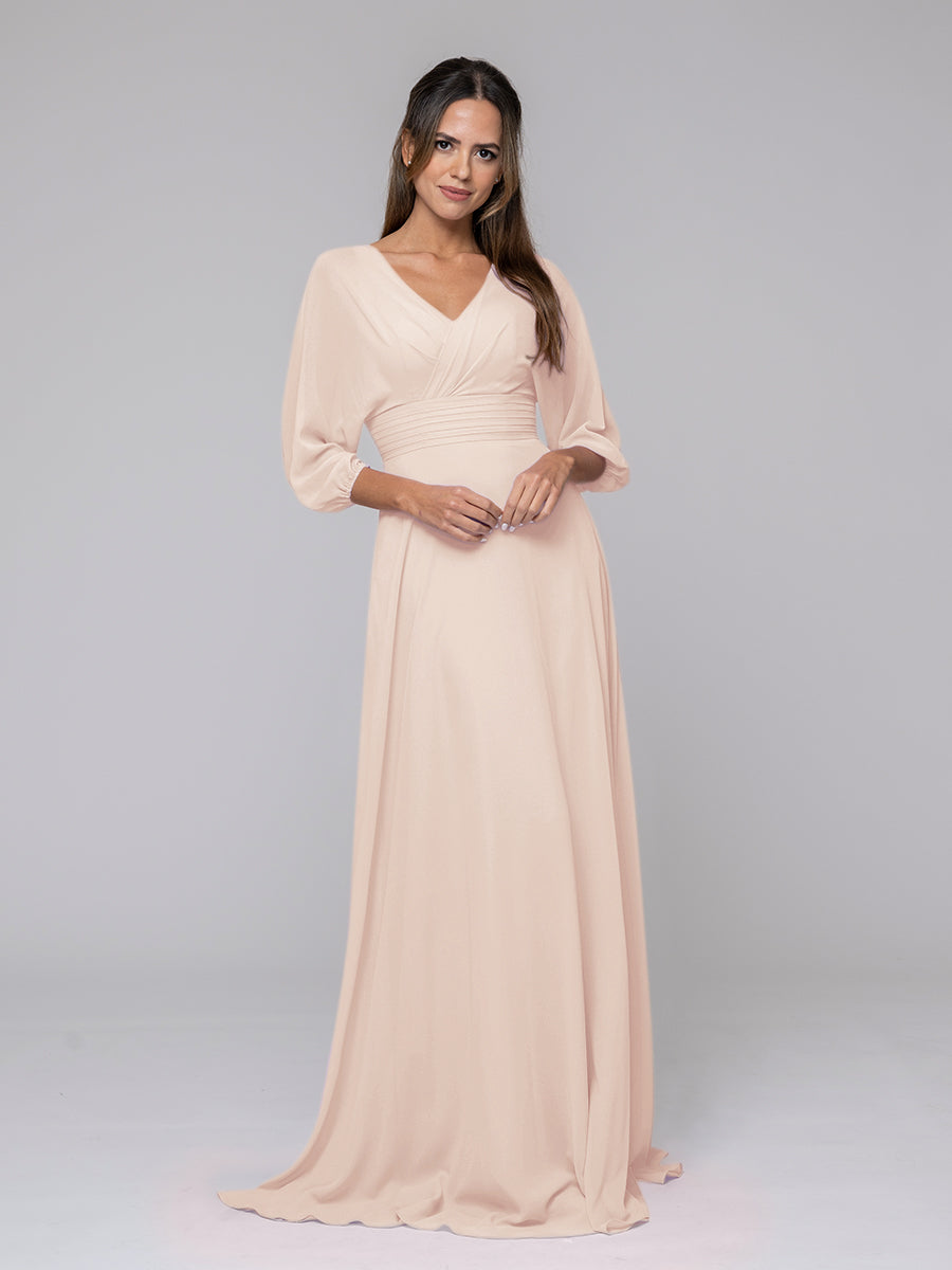 3/4 Lantern Sleeve V Neck Chiffon A Line Bridesmaid Dresses