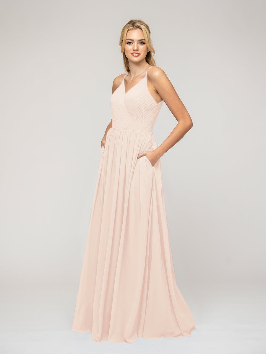 A Line Keyhole Back Chiffon Spaghetti Straps Bridesmaid Dresses