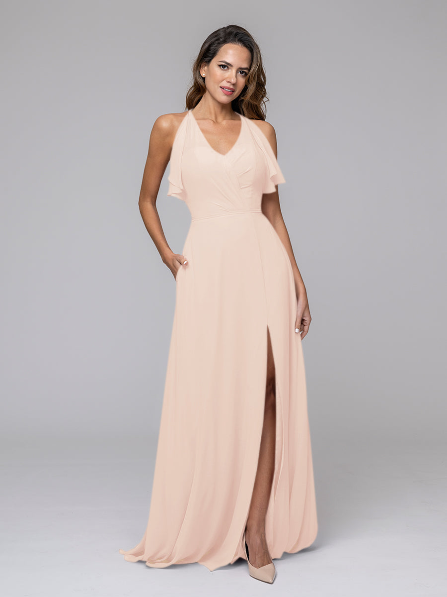 Ruffles V Neck Floor Length Chiffon Bridesmaid Dresses