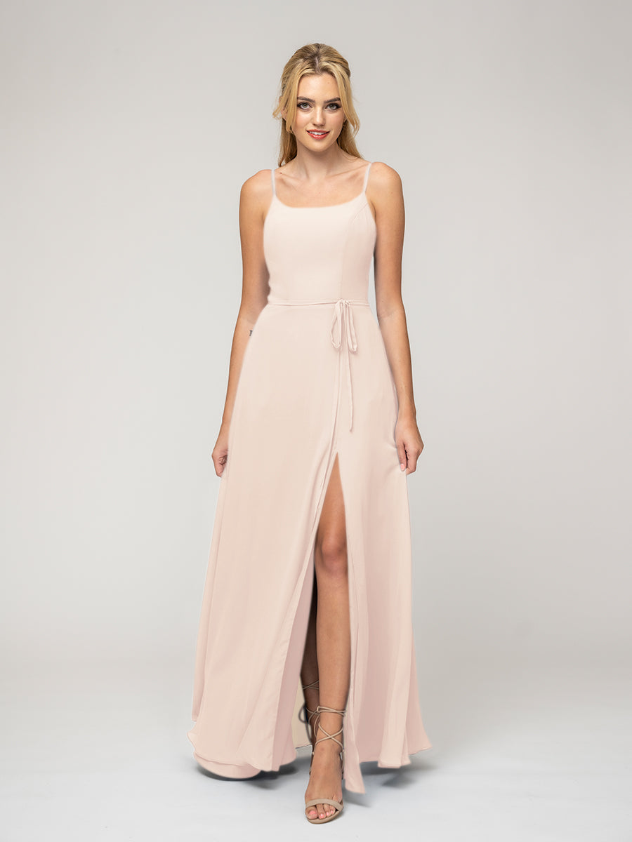 A Line Scoop Neckline Chiffon Slit Belt Bridesmaid Dresses