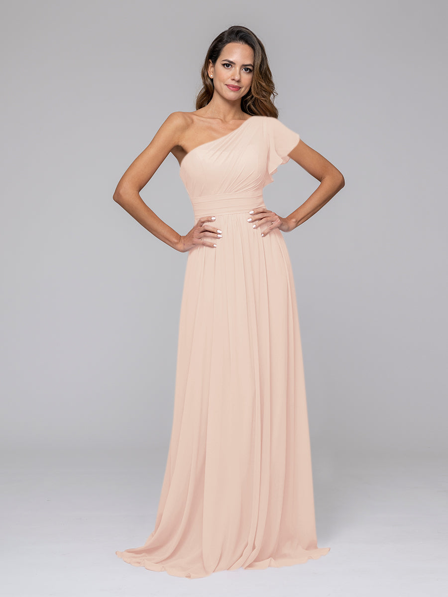 A Line One Shoulder Chiffon Flutter Sleeve Bridesmaid Dresses