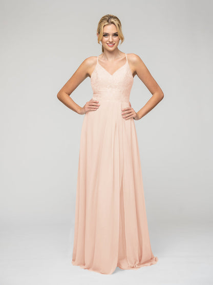 Lace Bodice Chiffon V Neck Bridesmaid Dresses With Keyhole Back