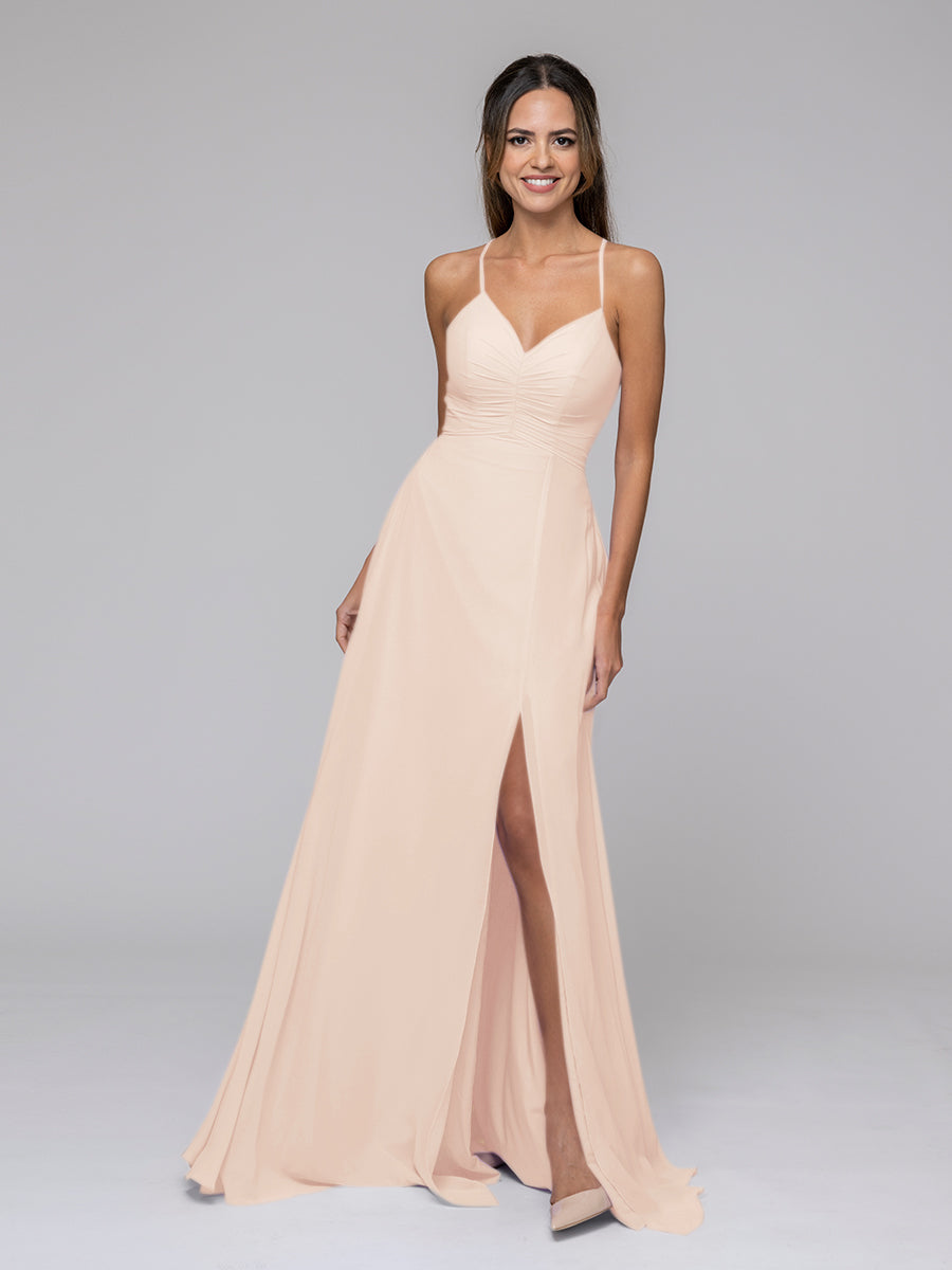 Split Sweetheart Chiffon Long Bridesmaid Dresses With Crisscross Back