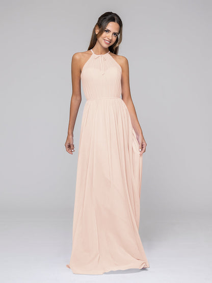 Long Chiffon Halter Bridal Party Dresses With Pleated Bodice