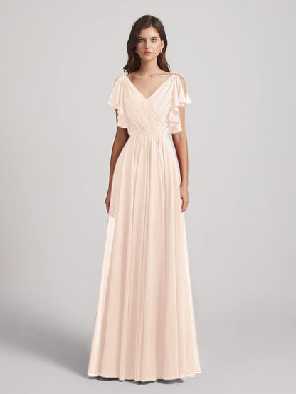 Open Flutter Sleeve Pleated Bodice A Line Bridesmaid Dresses