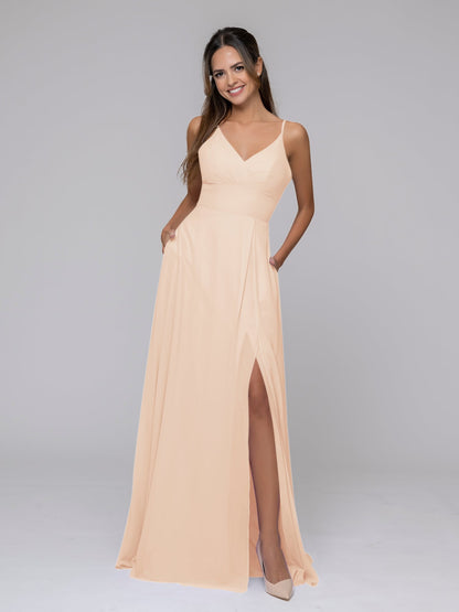 V Neck Spaghetti Strap Chiffon Bridesmaid Dresses With Slit