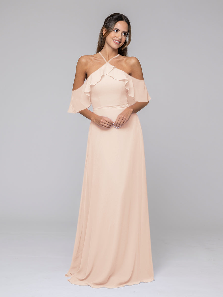 Halter Ruffles Off The Shoulder Chiffon Floor Length Bridesmaid Dresses