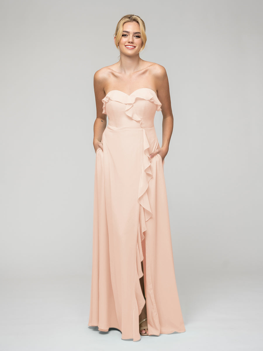 Ruffles Chiffon A Line Strapless Bridesmaid Dresses With Front Slit