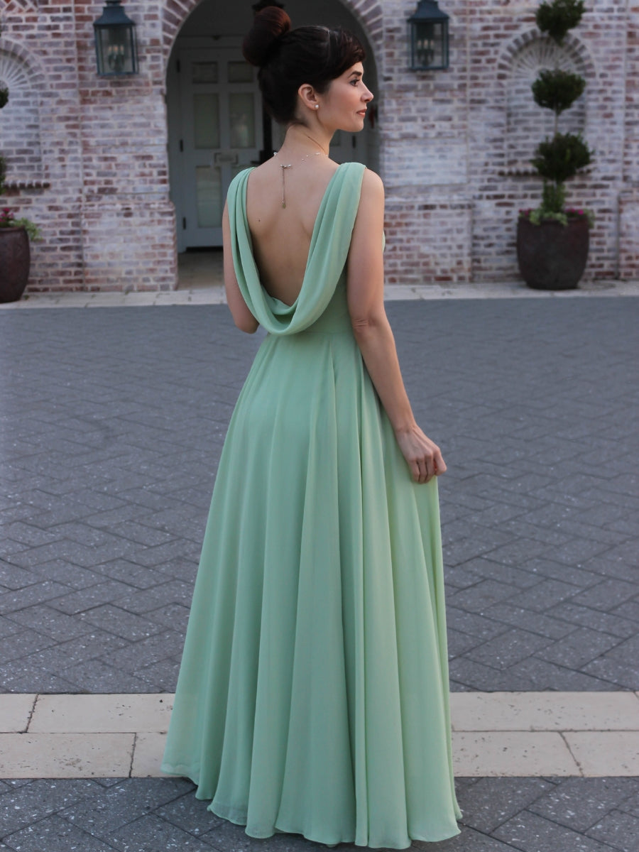 Cowl Neck Chiffon A Line Bridesmaid Dresses With Draped Back