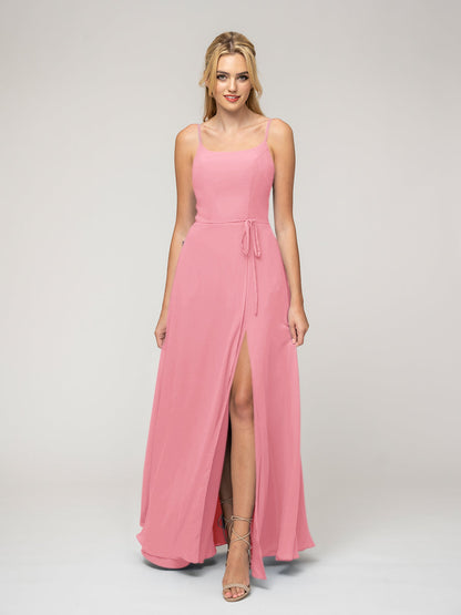 A Line Scoop Neckline Chiffon Slit Belt Bridesmaid Dresses