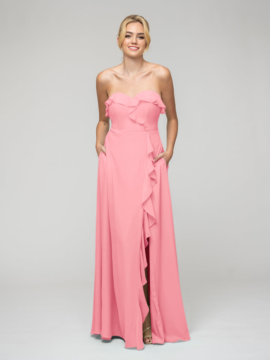 Ruffles Chiffon A Line Strapless Bridesmaid Dresses With Front Slit