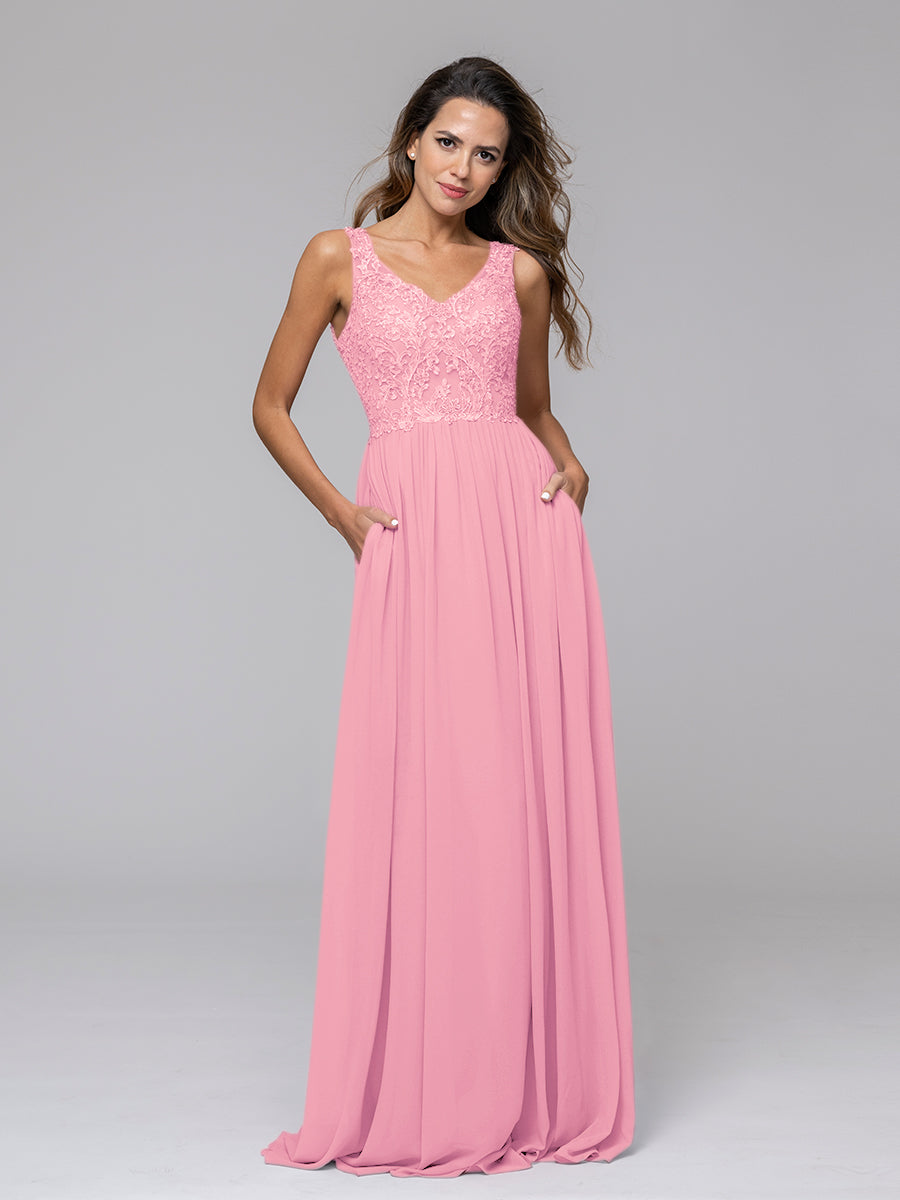 Applique V Neck Keyhole Back A Line Bridesmaid Dresses